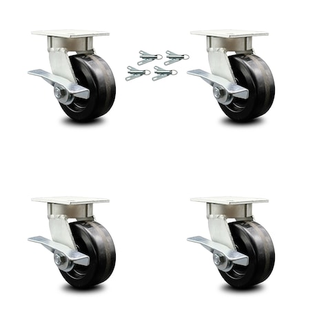 Service Caster 5 Inch Kingpinless Phenolic Wheel Swivel Caster Set with Brakes and Swivel Locks SCC-KP30S520-PHR-SLB-BSL-4